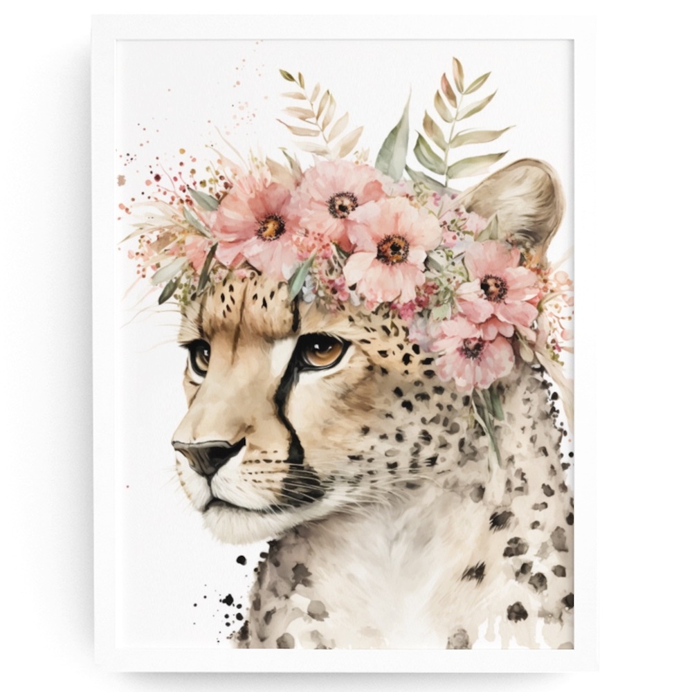 Cute Floral Cheetah Watercolor Wall Art Illustration Print Poster Card Unframed - Picture 1 of 8